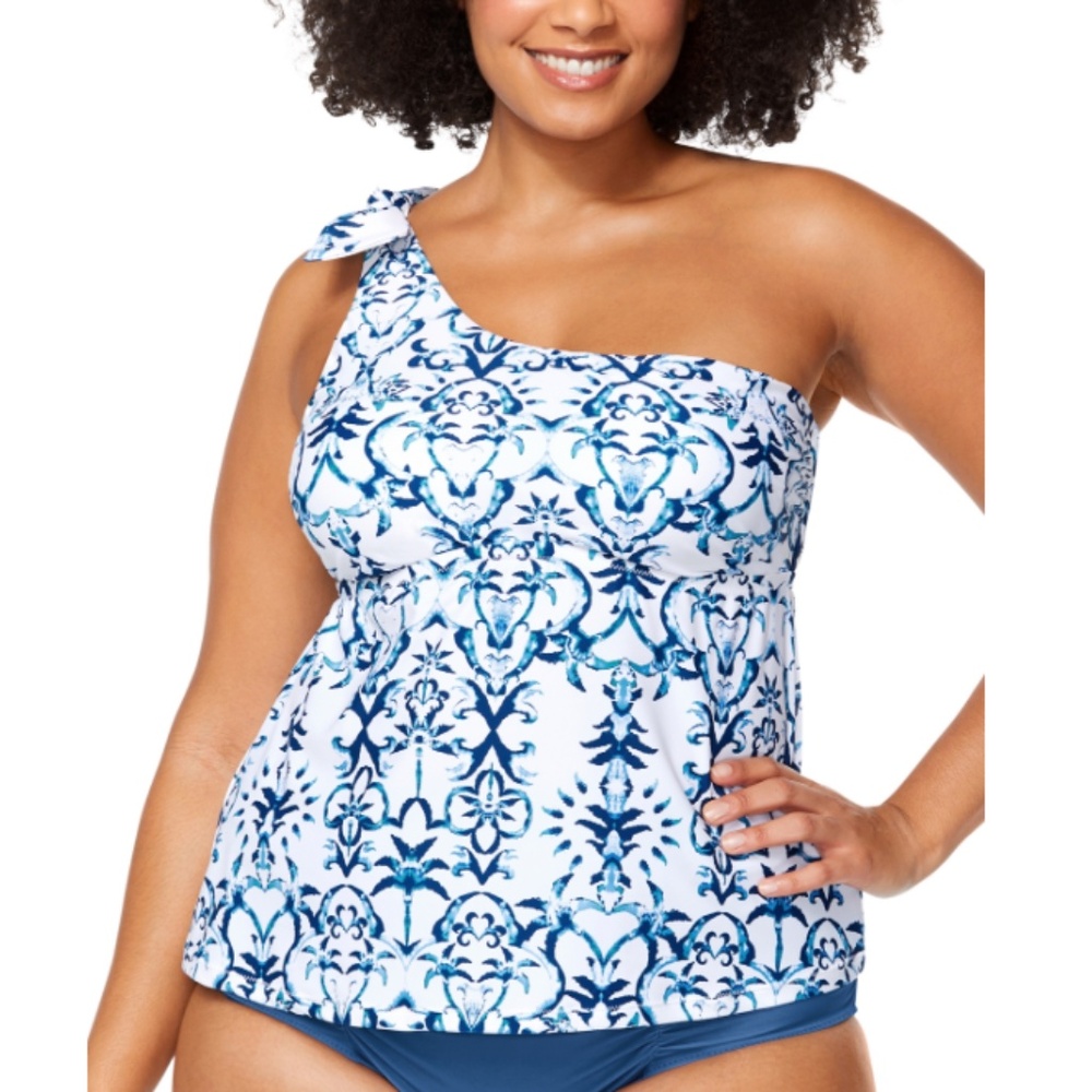 Raisins Curve Trendy Plus Size Marita Printed Tankini Top - Playita Navy/White